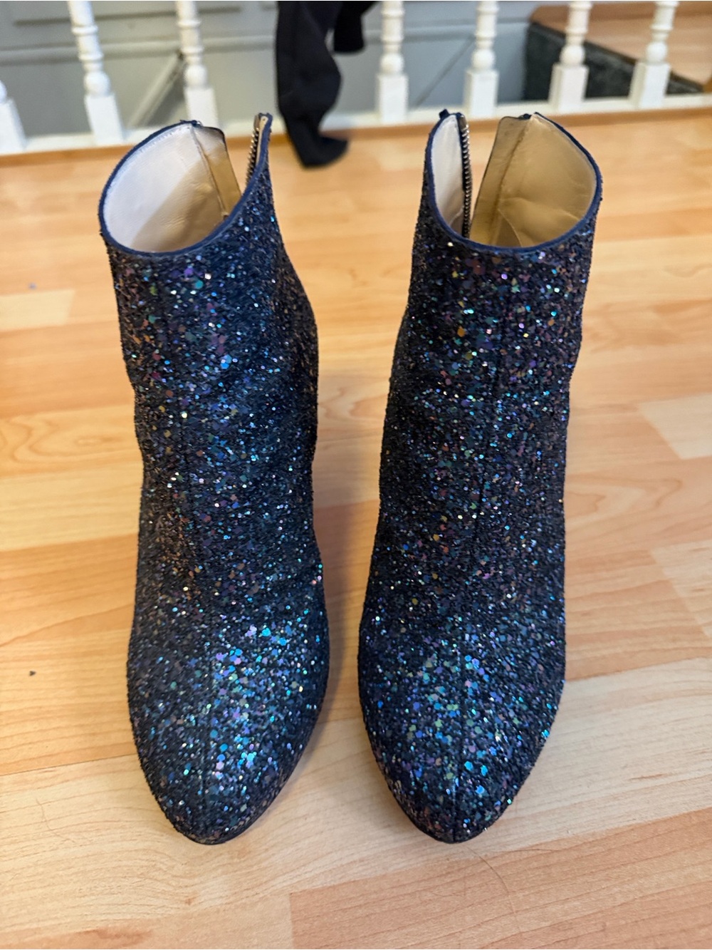 Charlotte Olympia Navy Glitter Pointed Ankle Boots